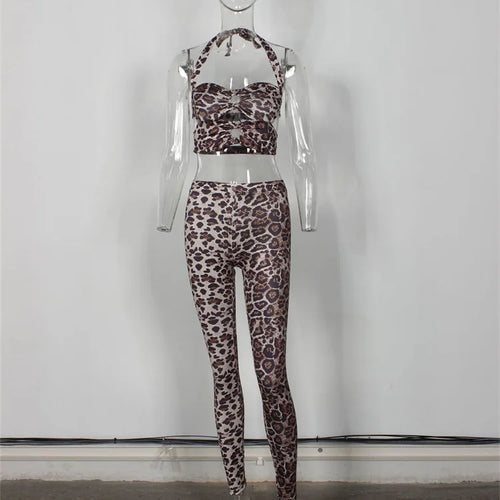 Load image into Gallery viewer, Leopard Print 2-Piece Set Women Hollow Halter Low-Neck Backless Mini Tops+Skinny Elasticity Pants Sexy Matching Suits
