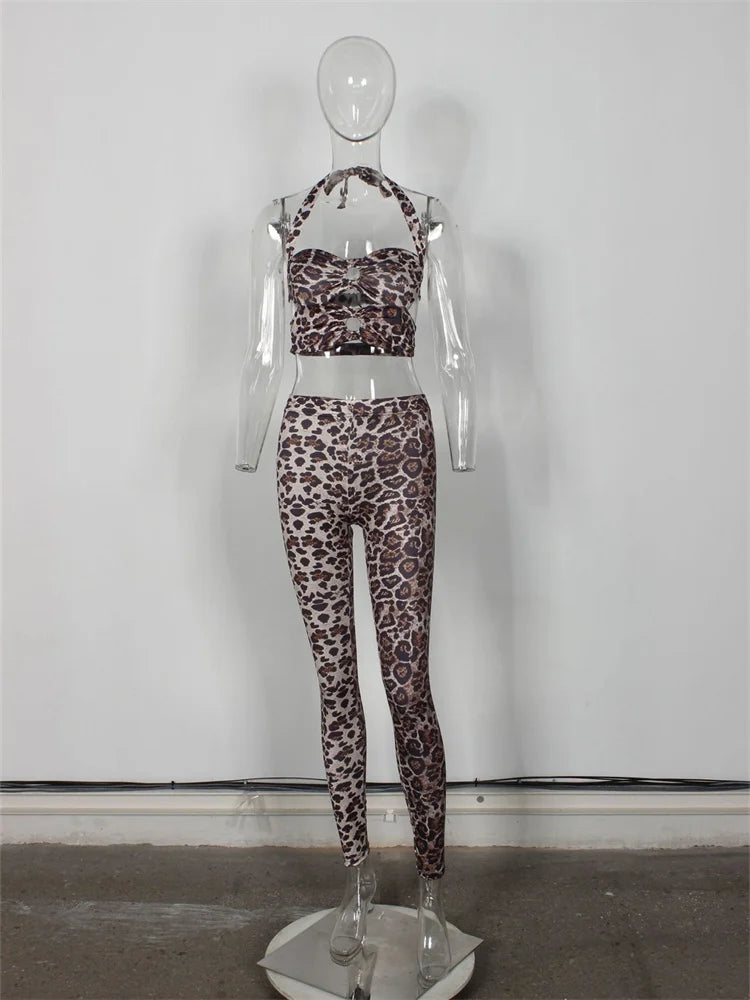 Leopard Print 2-Piece Set Women Hollow Halter Low-Neck Backless Mini Tops+Skinny Elasticity Pants Sexy Matching Suits