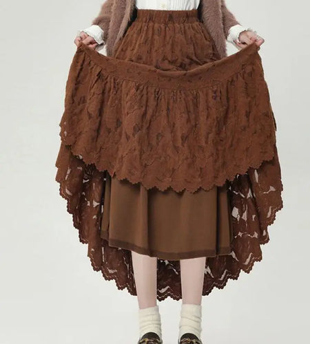 French Women Solid Velvet Lace Elegant Vacation Pleated Long Skirt 2024 Autumn Winter New High Waist Party Skirt Fashion Popular