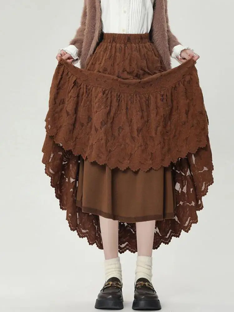 French Women Solid Velvet Lace Elegant Vacation Pleated Long Skirt 2024 Autumn Winter New High Waist Party Skirt Fashion Popular