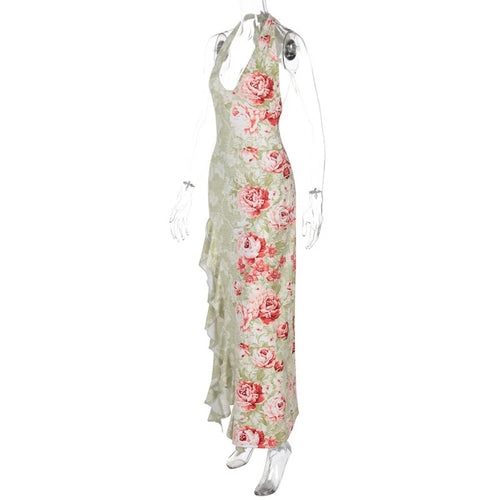 Load image into Gallery viewer, Halter Backless Print Sexy Maxi Dress Women Deep V Neck Sleeveless Thigh High Split Ruffled Sexy Club Beach Long Dress
