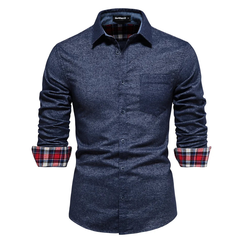 100% Cotton Men Shirts Solid Color Single Pocket Long Sleeve Bussiness Shirts for Men High Quality Washed Shirts Men