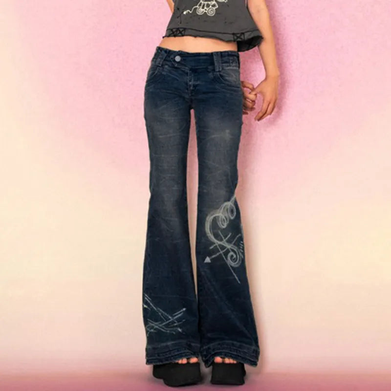 Y2K Grunge Fairycore Chic Skinny Low Rise Flared Jeans Women Vintage Aesthetic Heart Printed Denim Trousers Boot Cut