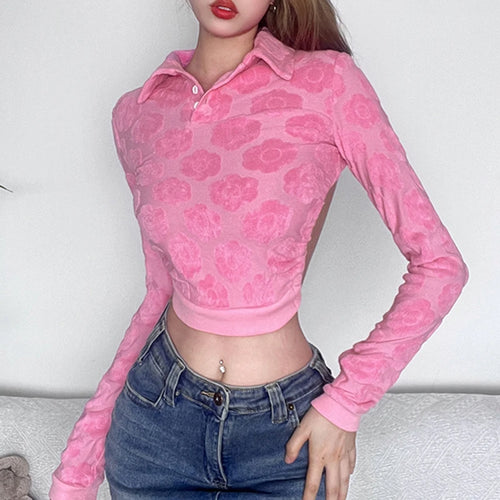 Load image into Gallery viewer, Pink Hotsweet Slim Autumn T-shirts Female Korean Coquette Clothes Tie Up Crop Tops Flowers Shape Backless Pullovers
