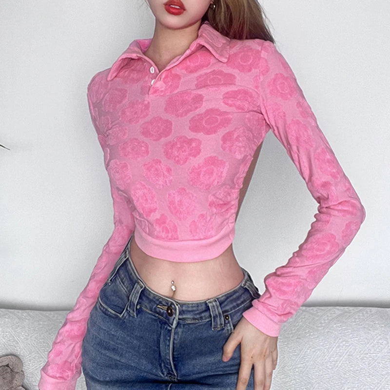 Pink Hotsweet Slim Autumn T-shirts Female Korean Coquette Clothes Tie Up Crop Tops Flowers Shape Backless Pullovers