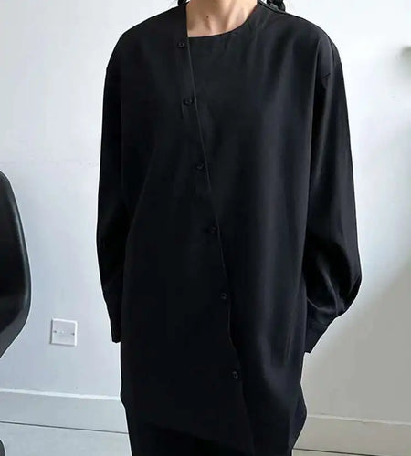 Women Black Irregular Button Elegant Big Size Blouse New Round Neck Long Sleeve Shirt Fashion Spring Autumn 2025 1DH6986