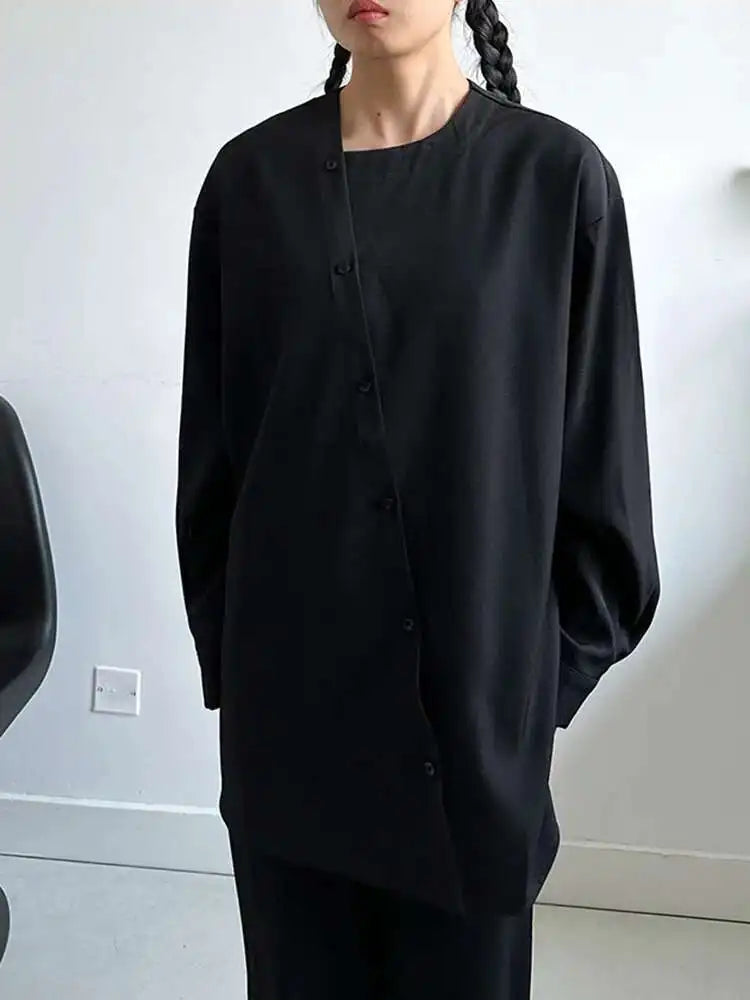 Women Black Irregular Button Elegant Big Size Blouse New Round Neck Long Sleeve Shirt Fashion Spring Autumn 2025 1DH6986