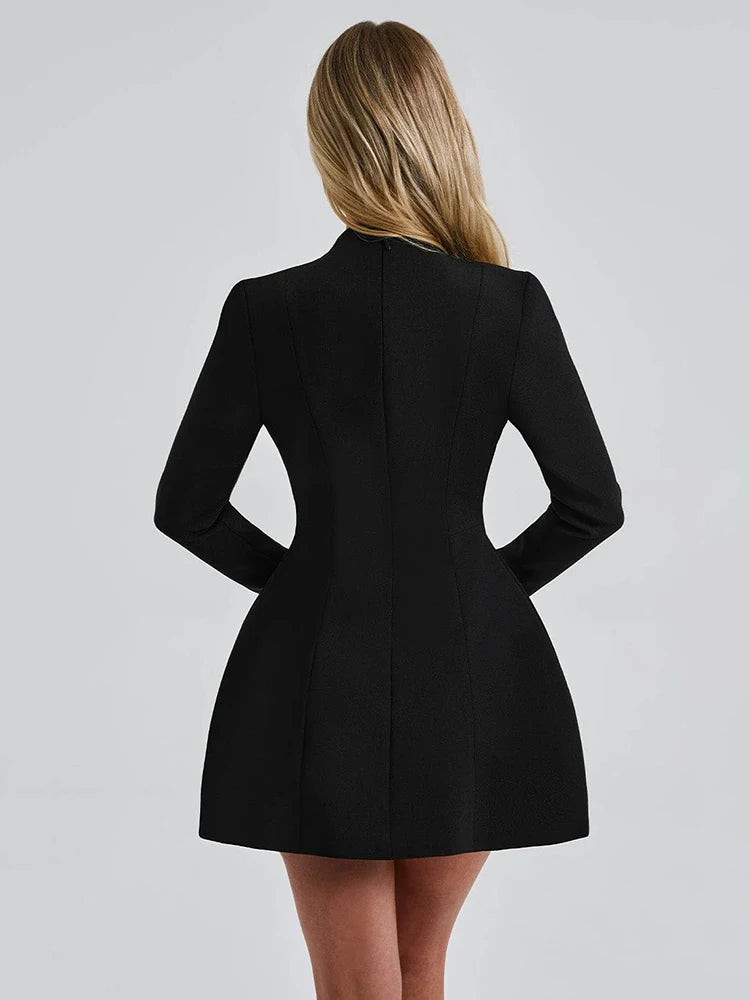 Deep V Neck Long Sleeve Sexy Mini Dress For Women Fashion Two Pocket High Waist A-line Club Party Sexy Dress Elegant