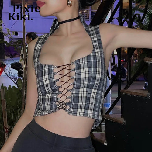 Load image into Gallery viewer, Street Style Cropped Y2k Tops Plaid Print Hollow Tie Up Sexy Tank Top Sleeveless Shirts Summer Coquett Clothes P98-CI12
