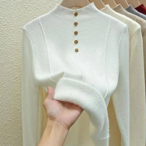 Load image into Gallery viewer, Autumn Winter Korean Fashion Solid Half High Neck Single Breasted Velvet Knit Sweater Women Slim Warm Long Sleeve Pullovers Tops
