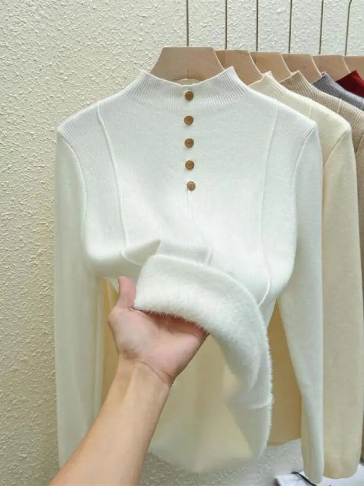 Autumn Winter Korean Fashion Solid Half High Neck Single Breasted Velvet Knit Sweater Women Slim Warm Long Sleeve Pullovers Tops