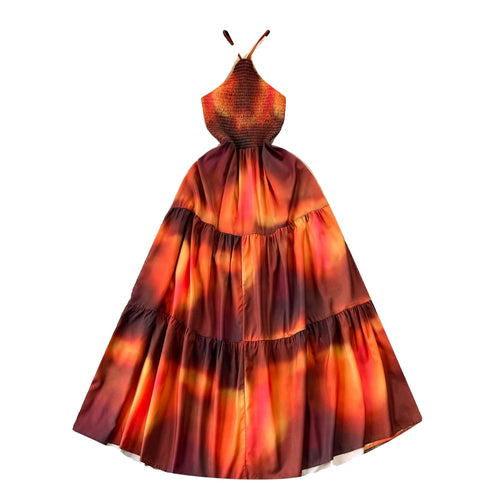 Load image into Gallery viewer, Orange Colorblock Halter Lace-up Backless Pleated Long Dresses Woman Elegant Holiday Sexy Club Party Dress Summer Fashion French
