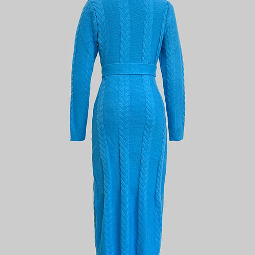 Load image into Gallery viewer, Fall Women’s Blue Stretch Knit Bodycon Midi Dress Business Casual Outfits Long Sleeves Sweater Belt Dresses Woman
