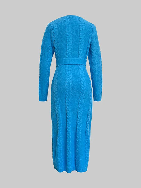 Fall Women’s Blue Stretch Knit Bodycon Midi Dress Business Casual Outfits Long Sleeves Sweater Belt Dresses Woman