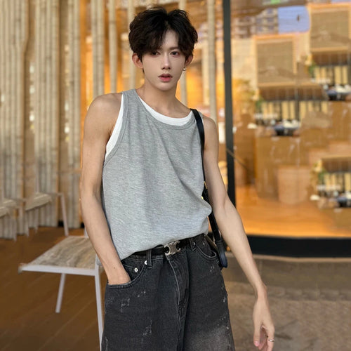 Load image into Gallery viewer, Fashion Men&#39;s Loose Tank Tops Round Neck Sleeveless Cotract Color Casual Male Clothing Simple Summer 9C6327
