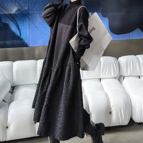 Load image into Gallery viewer, Women Black Knitting Big Size Long Dress New Turtleneck Long Sleeve Loose Fit Fashion Tide Spring Autumn 2025 1DH0797
