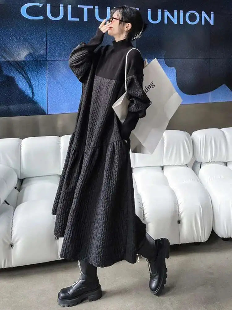 Women Black Knitting Big Size Long Dress New Turtleneck Long Sleeve Loose Fit Fashion Tide Spring Autumn 2025 1DH0797