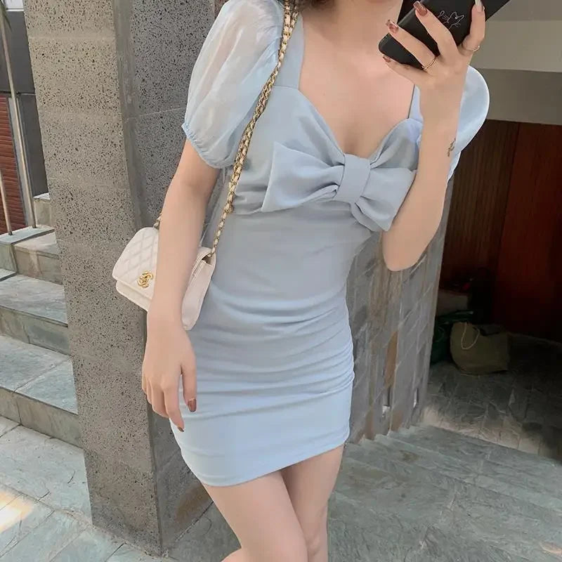 Bodycon Sexy Mini Dress Women Korean Fashion Wrap Puff Sleeve Short Dresses Party Casual Summer Sundress Bow