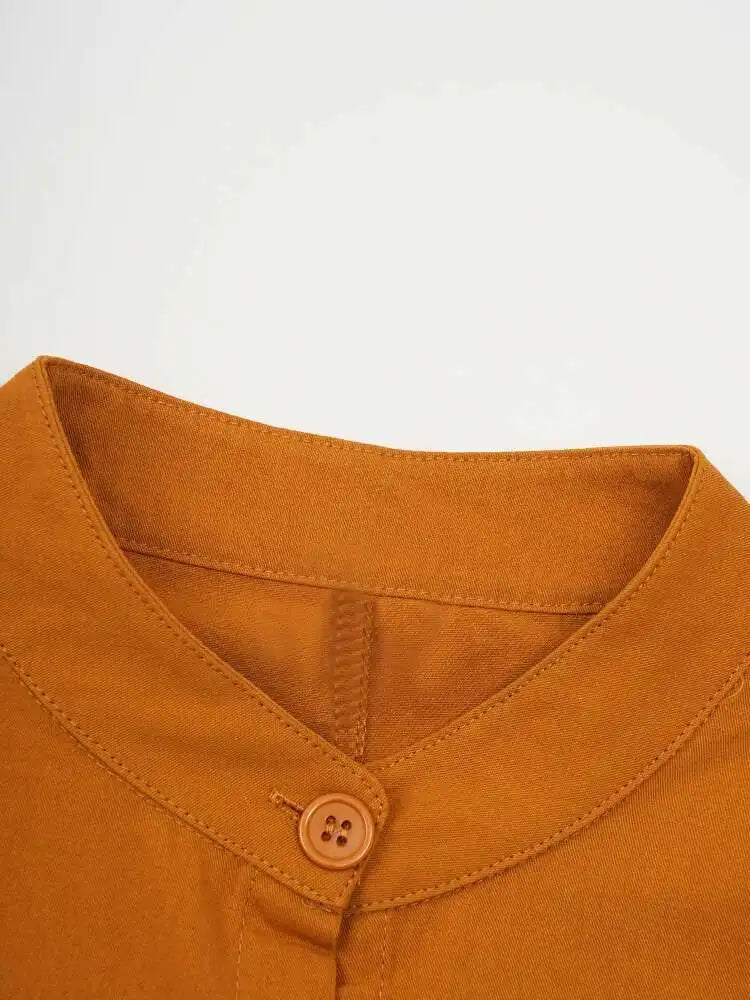 Women Orange Big Size Long Casual Blouse New Stand Collar Long Sleeve Shirt Fashion Tide Spring Autumn 2025  CPG2083