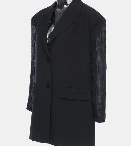 Women Black Pleated Back Bandage Big Size Blazer New Lapel Long Sleeve Loose Fit  Jacket Fashion Spring Autumn 2025 1Y053