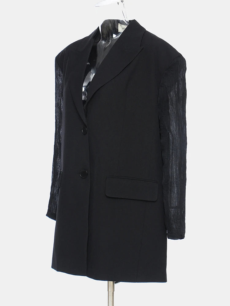 Women Black Pleated Back Bandage Big Size Blazer New Lapel Long Sleeve Loose Fit  Jacket Fashion Spring Autumn 2025 1Y053