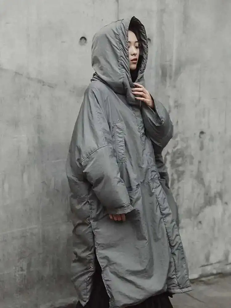Hooded Cotton-padded Gray Big Size Long Warm Coat Long Sleeve Loose Fit Women Parkas Fashion Autumn Winter 2025 JE02002