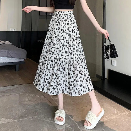 Load image into Gallery viewer, Spring Summer Women Black Beige Floral Elegant Pleated Long Skirts Vintage Elastic High Waist Vacation A-line Skirt Bohemian New
