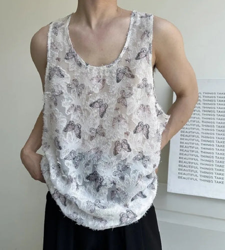 Fashion Thin Men's Tank Tops Casual Round Neck Sleeveless Butterfly Vintage Male Clothing Chic Summer Trend 9C6358