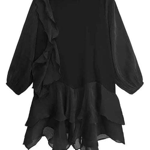 Load image into Gallery viewer, Women Black Ruffles Color-block Big Size Knee-Length Dress New Round Neck Long Sleeve Fashion Spring Autumn 2025 1DH7239
