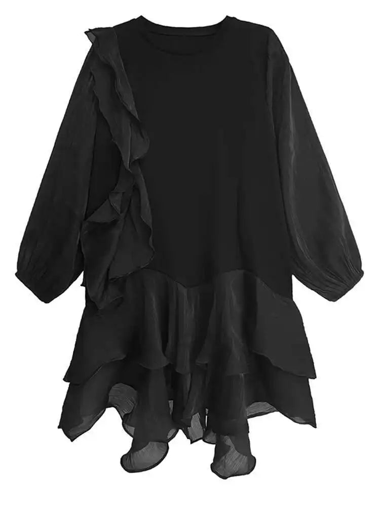 Women Black Ruffles Color-block Big Size Knee-Length Dress New Round Neck Long Sleeve Fashion Spring Autumn 2025 1DH7239