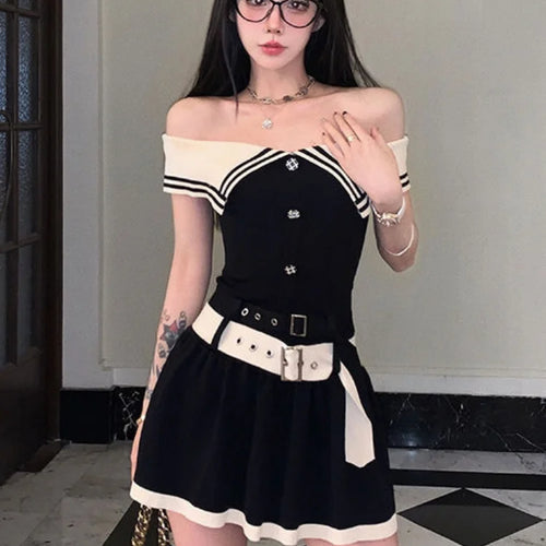 Load image into Gallery viewer, Knitted Knit Mini Dress Off Shoulder Elegant Korean Fashion Kpop Streetwear Short Dresses with Belt Autumn
