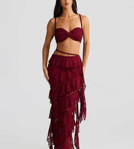 Summer Lace Sexy Two Piece Sets Women Fashion Strapless Crop Tops And Maxi Skirt Female Elegant Beach Party 2 Piece Set