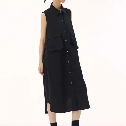 Load image into Gallery viewer, Women Black Shaped Pockets Big Size Midi Shirt Vest Dress New Lapel Sleeveless Fashion Tide Spring Autumn 2025 1DH9471
