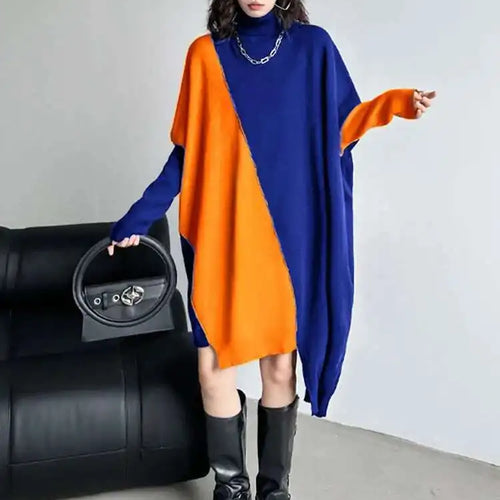 Load image into Gallery viewer, Women Gray Color-block Big Size Irregular Knitting Dress New Turtleneck Long Sleeve Fashion Spring Autumn 2025 1DH6561
