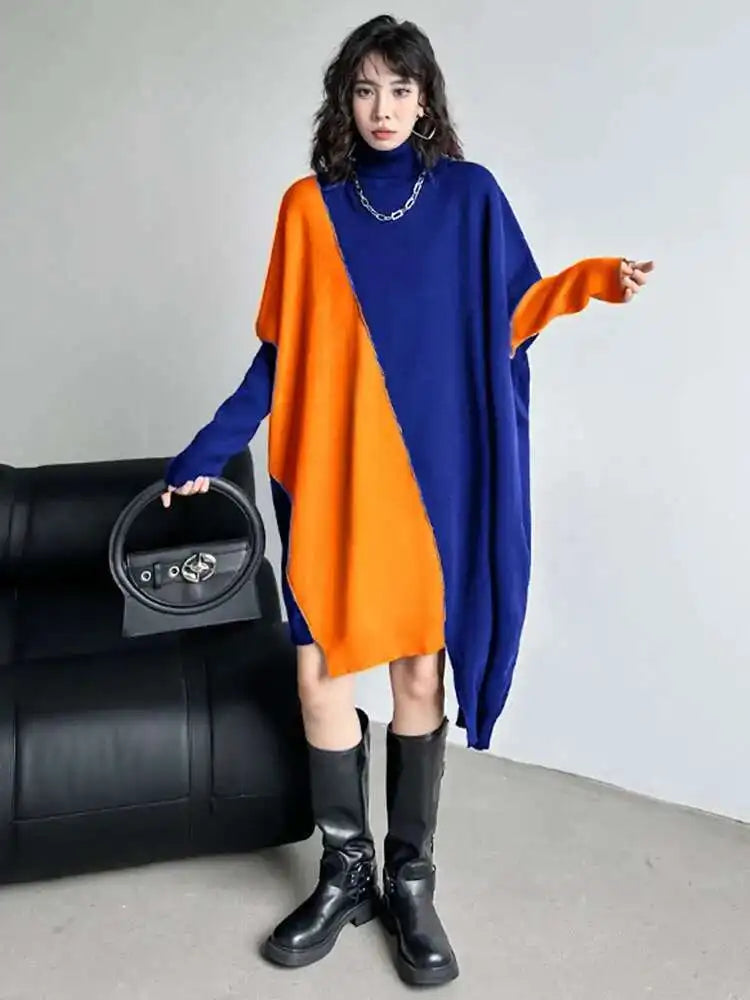 Women Gray Color-block Big Size Irregular Knitting Dress New Turtleneck Long Sleeve Fashion Spring Autumn 2025 1DH6561