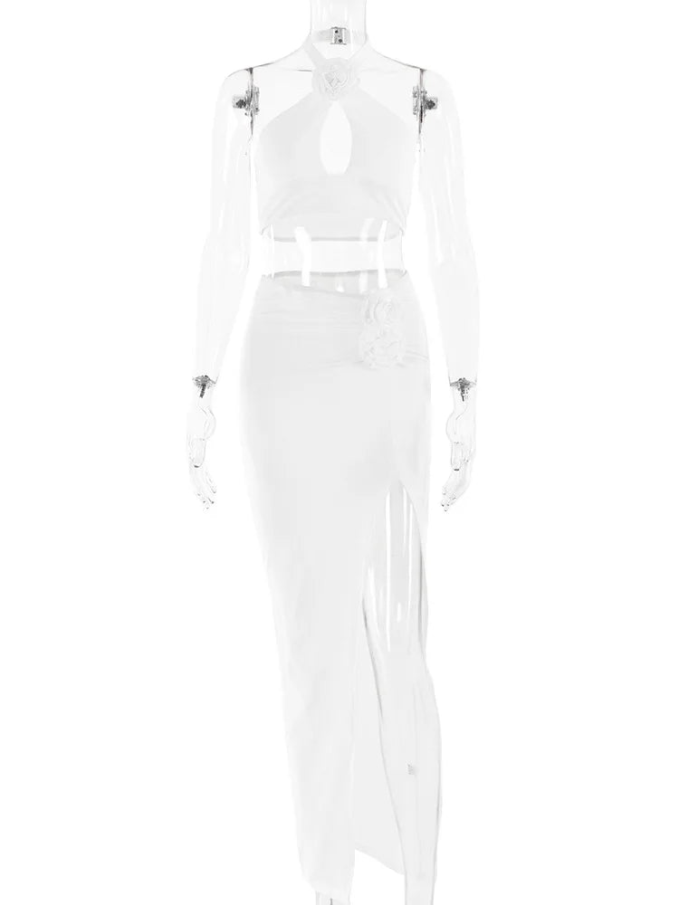 Sexy Hollow Out 3D Flowers Slim Fit Women's Sets High Slit Wrapped Hip Two Piece Suit Midi Women's Party Dress 2023