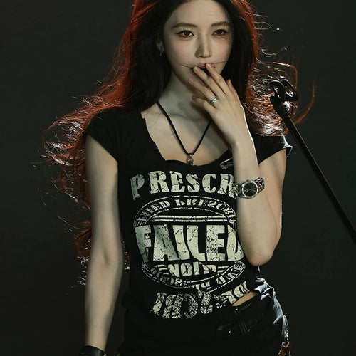 Load image into Gallery viewer, Letter Print t-Shirts Women Low-Neck Snap Sleeves Skinny Hip-Hop Style Summer Hip-Hop Style Daily Versatile Classic Tops
