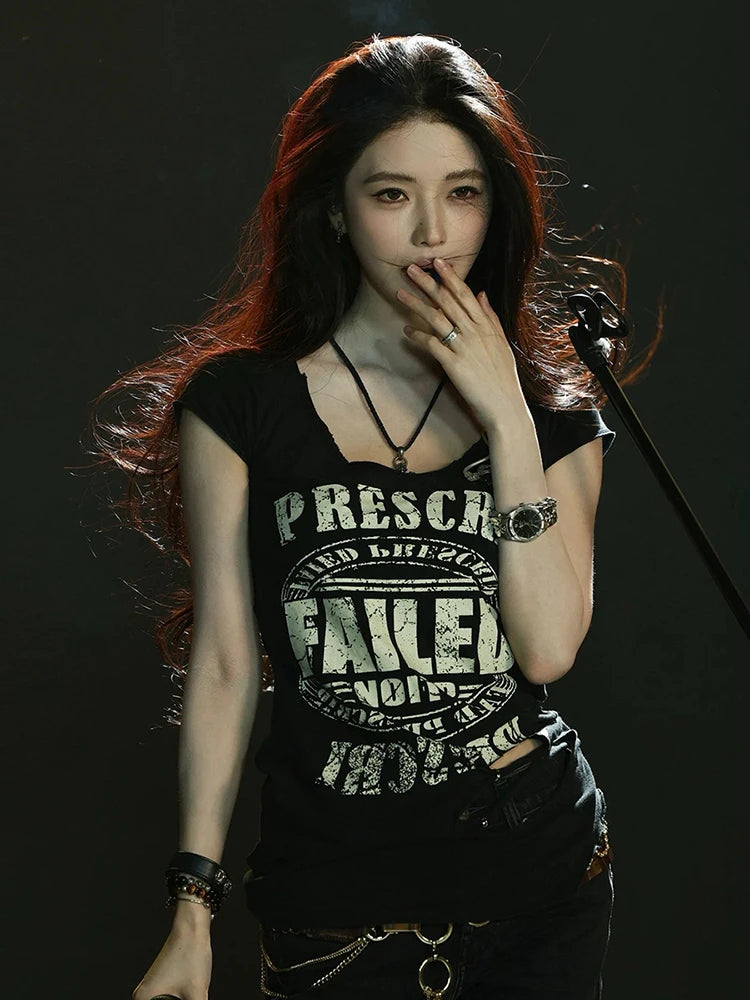 Letter Print t-Shirts Women Low-Neck Snap Sleeves Skinny Hip-Hop Style Summer Hip-Hop Style Daily Versatile Classic Tops