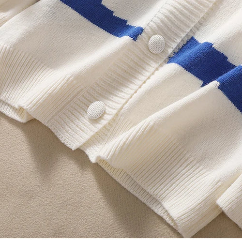 Load image into Gallery viewer, Women Blue White Striped Patchwork Knit Sweater Autumn Winter Long Sleeve Single Breasted Cardigan Korean Fashion Short Tops New
