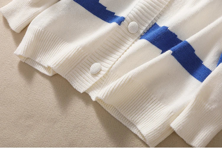 Women Blue White Striped Patchwork Knit Sweater Autumn Winter Long Sleeve Single Breasted Cardigan Korean Fashion Short Tops New