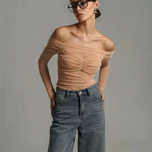 Load image into Gallery viewer, Summer Mesh Off-shoulder T-shirt Women Fashion Pleated Bust Backless Tees Tops Female Elegant Strapless See Through Top
