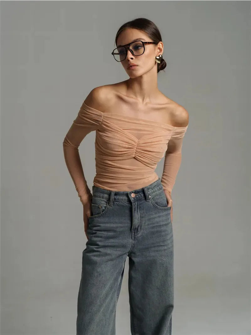 Summer Mesh Off-shoulder T-shirt Women Fashion Pleated Bust Backless Tees Tops Female Elegant Strapless See Through Top