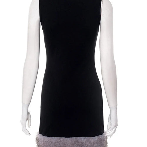 Load image into Gallery viewer, Patchwork Fur Hem Sexy Mini Dress Women Robe Fashion Black Summer New Sleeveless Backless Slim High Waist Sheath Dress
