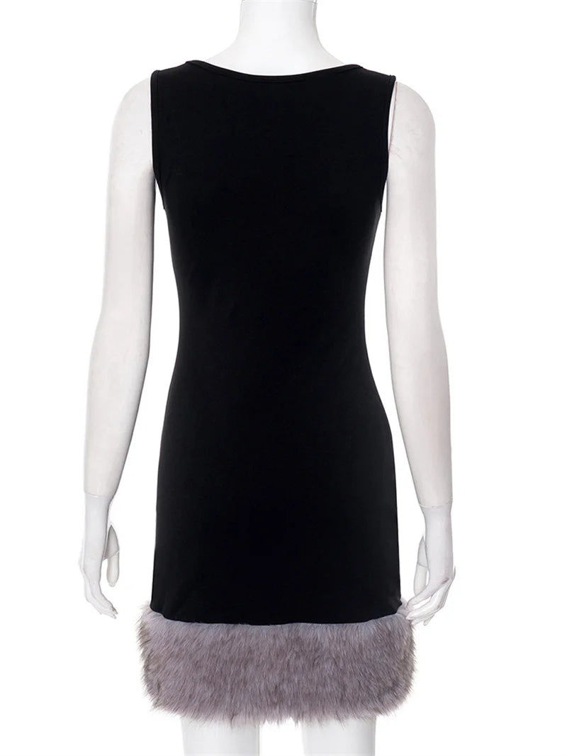 Patchwork Fur Hem Sexy Mini Dress Women Robe Fashion Black Summer New Sleeveless Backless Slim High Waist Sheath Dress