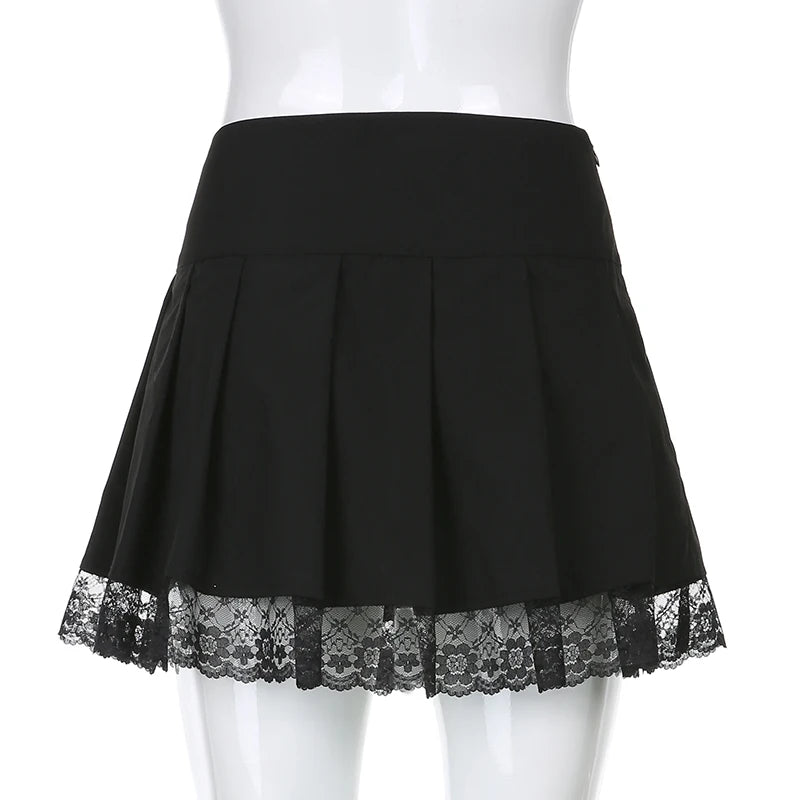 Gothic Harajuku Lace Trim Pleated Skirt Summer Dark Academia Tie Up Mini Skirts Women Outfits Preppy Style Y2K Bottom