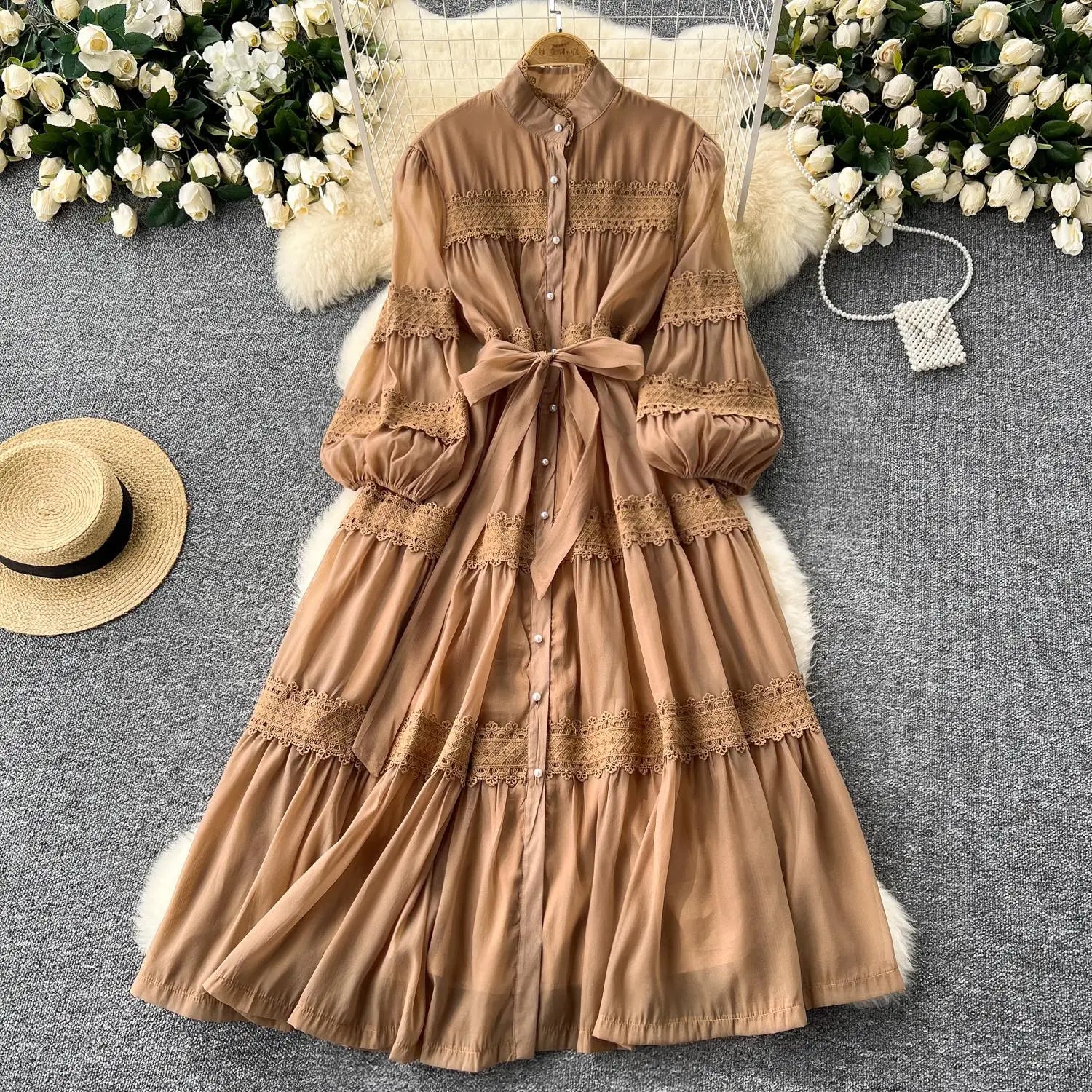 Vintage Women's Solid Single Breasted Bow Lace- Up Long Dress Autumn Lace Patchwork Long Sleeved Evening Party Princess Dresses