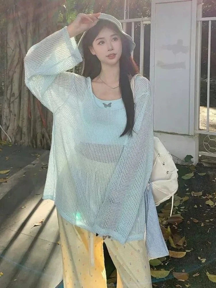 Summer Two Pieces Set  Y2k Aesthetic Casual Oversized Knitted Hollow Out T-shirt + Women Streetwear Butterfly Grunge Camisole