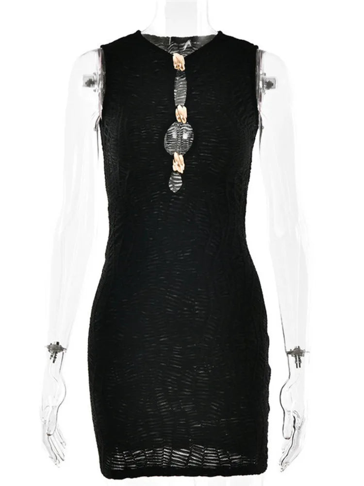 Hollow Out Sleeveless Sexy Mini Dress Women Robe Fashion Summer New Metal Ring Skinny Tank Dress Female Club Dresses