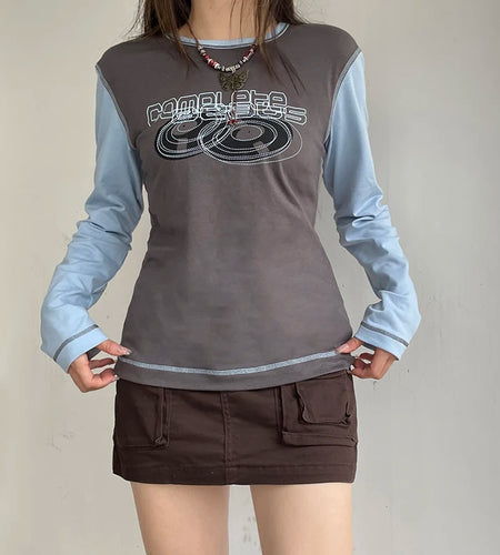 Harajuku Letter Printed Autumn T Shirt Women Line Stitching Casual Pullover Top Contrast Preppy Style Sweats Outfits