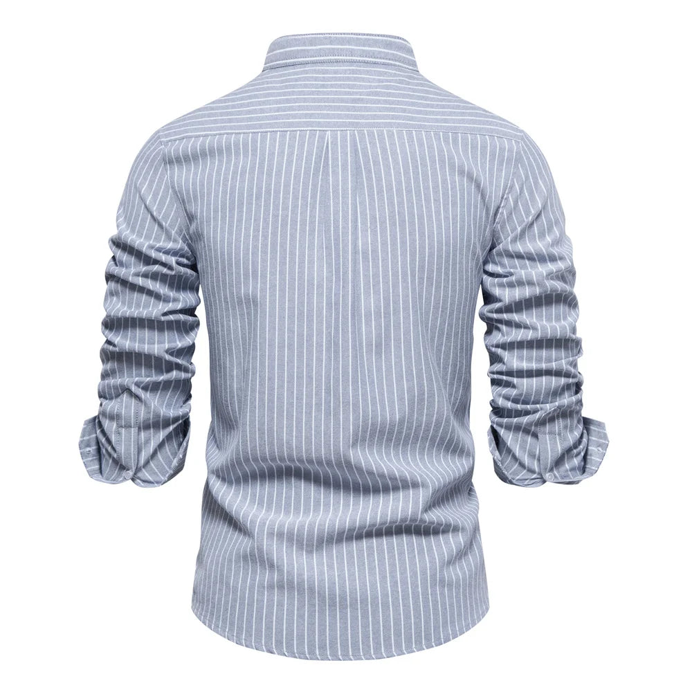 Solid Color Striped Men's Shirts Single Pocket Stand Collar Long-sleeved Shirts for Men New Spring Social Shirts Men